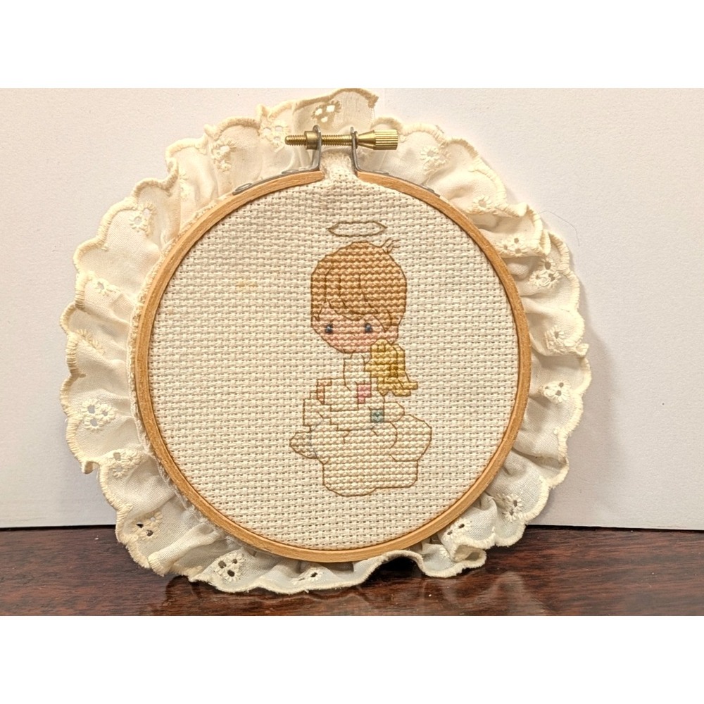 Vintage Precious Moments Style Angel Child Cross Stitch Hoop Lace Wall Art 6in